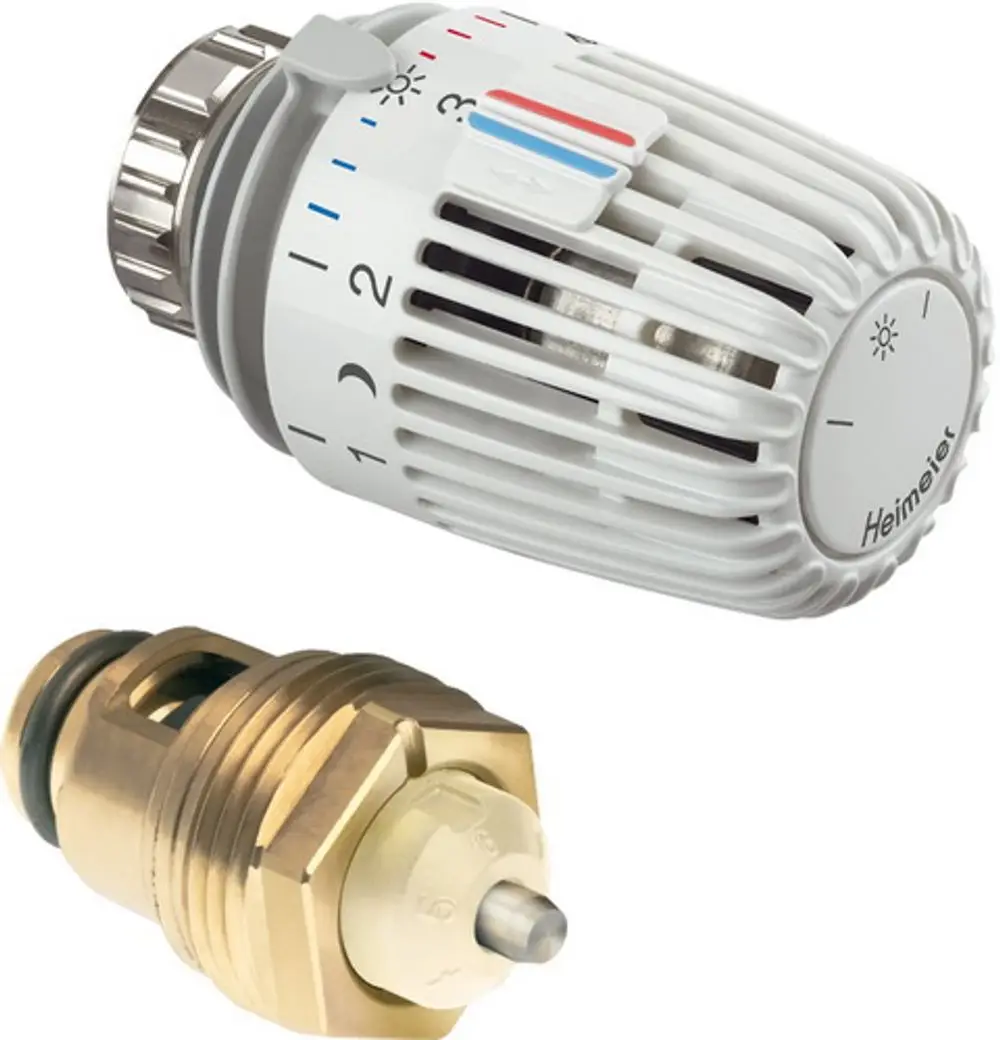 Thermostatkopf und Unterteil aus Messing für Heizkörper von IMI Hydronic Engineering. Der Kopf hat eine Einstellskala für die Temperaturregelung.